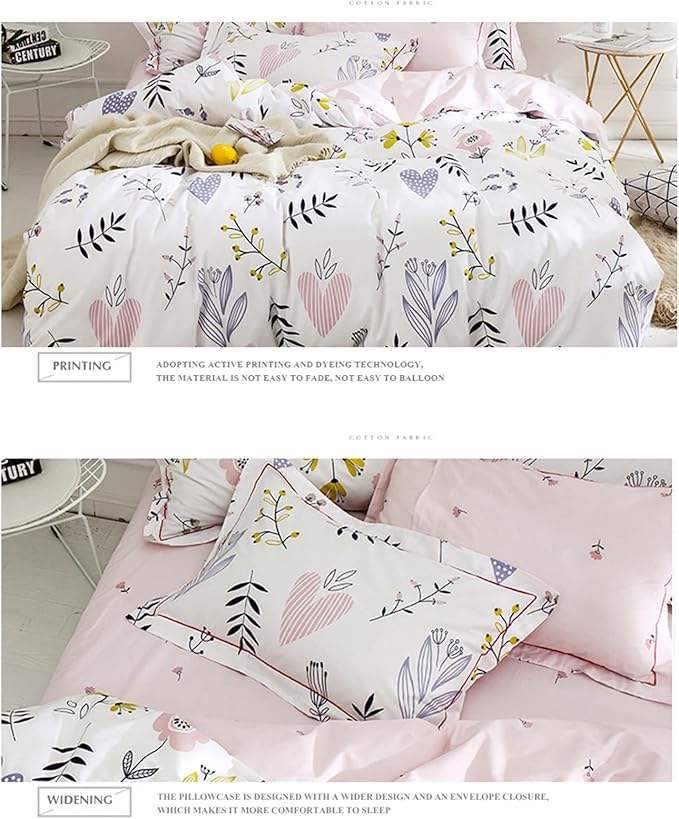 HighBuy Girls Duvet Cover Full Size Bedding Sets Floral Aesthetic Coquette Bedding Set White Pink Premium Cotton Teens Flower Bedding Sets Kids Comforter Cover Soft Branches Full Pink