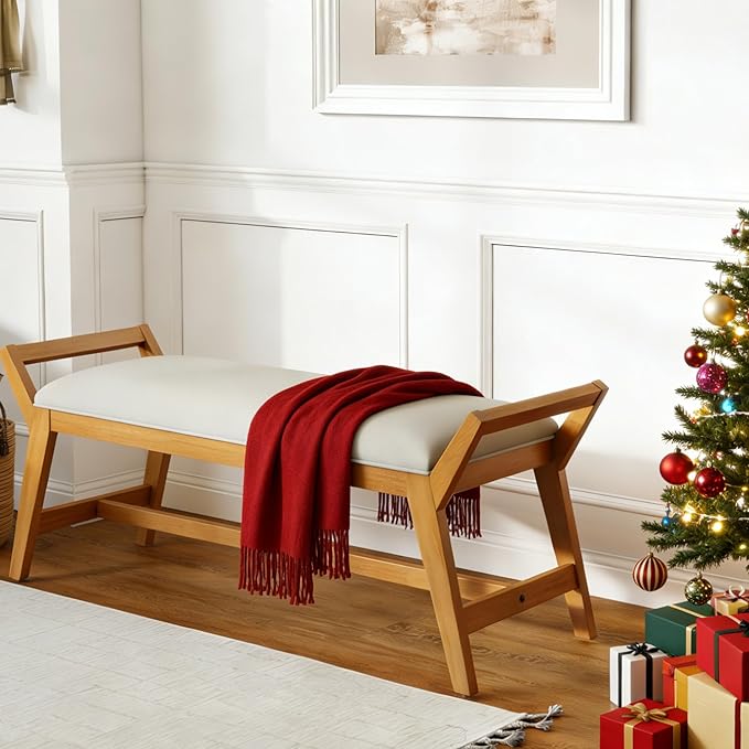 51" End of Bed Bench, Entryway Bench with Solid Wood Frame Fabric Upholstered Ottoman Bench for Entry/Bedroom/Hallway/Living Room,Chenille White