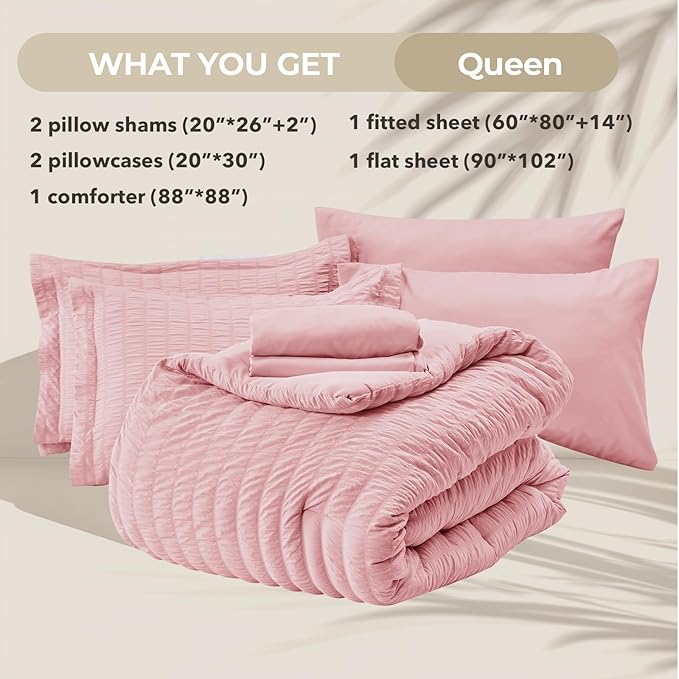 HYMOKEGE Pink Queen Comforter Set Seersucker 7 Pieces, All Season Luxury Bed in a Bag for Bedroom, Bedding Set with Comforters, Sheets, Pillowcases & Shams