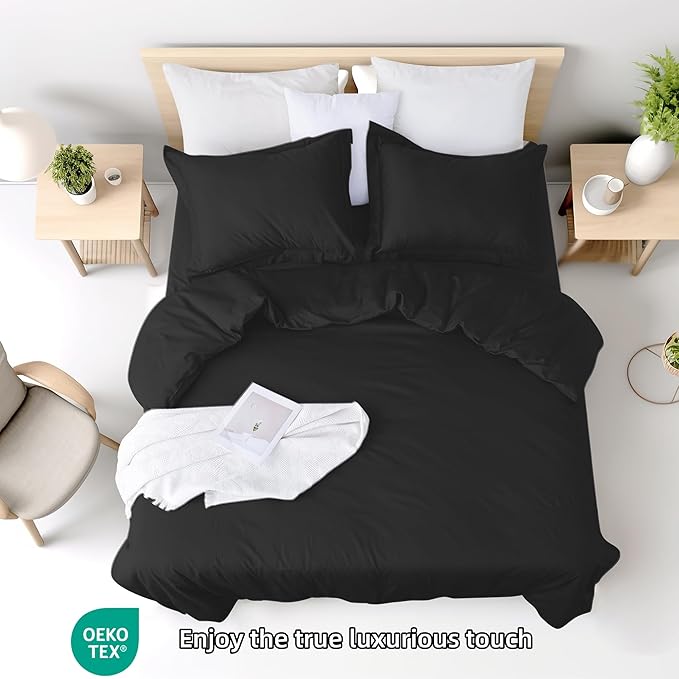Black Duvet Cover Set Queen Size 100% Egyptian Cotton 3Pcs Home Bedding Set- 1 Duvet Cover with 2 Pillowcases, 400 Thread Count Super Soft Comforter Cover with Corner Ties(90x90 Inches, Black)