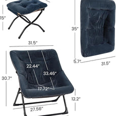 Comfy Saucer Chair for Adults, Soft Faux Fur Bedroom Chair with Ottoman, Accent Dorm Chairs, Living Room Reading Chairs and Footstool, Folding Lounge Seat for Teens, X-Large, Navy Blue