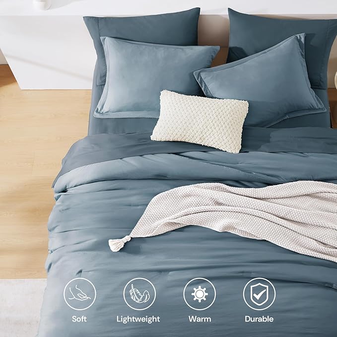WRENSONGE Full Size Comforter Sets, 7 Pieces Oxford Blue Bed in a Bag with Fitted Sheet, Flat Sheet, 2 Pillow Shams, 2 Pillowcases, Warm Bedding Sets for All Season