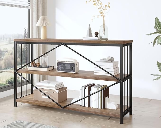 IBF 3 Tier Bookshelf Storage Organizer, Industrial Short Wide Open Horizontal Bookcase, Farmhouse Low Wood Metal Book Shelf for Office, Modern Vintage Etagere in Bedroom Living Room, Rustic Oak, 47 In