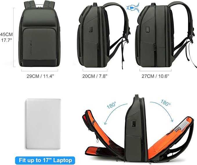 FENRUIEN 17 Inch Travel Backpack Green, Expandable Water Resistant Computer Backpack with USB Port, Laptop Bag for Business/College/Work