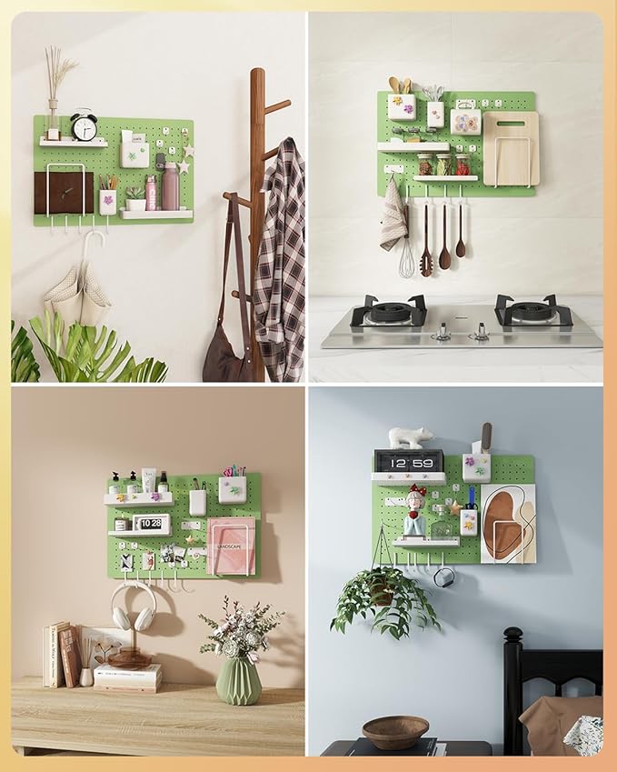 Metal Pegboard Kit — Carbon Steel Pegboards with 26 Accessories, Pegboard Wall Organizer for Home, Office, Study Room, Kitchen, Craft Room & Gaming Setup— 24″ × 16″ Green Peg Board