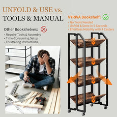 No Assembly Double-Sided Folding Bookshelf for Living Room, 4 Tier Collapsible Book Shelf for Home Office, Portable Bookcase Storage Organizer
