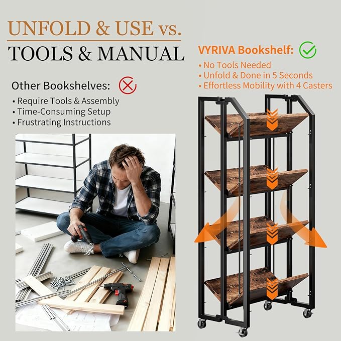 No Assembly Double-Sided Folding Bookshelf for Living Room, 4 Tier Collapsible Book Shelf for Home Office, Portable Bookcase Storage Organizer