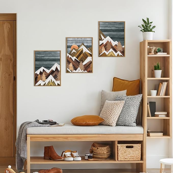 Framed Mountain Wall Art Boho Mountain Wall Decor Modern Nature Artwork 12" Lx16 W Set of 3 for Living Room Bedroom Office