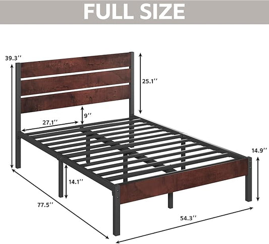 Full Bed Frame with Headboard and Footboard, with Under Bed Storage, All-Metal Support System, No Box Spring Needed, Easy Assembly, Red Brown