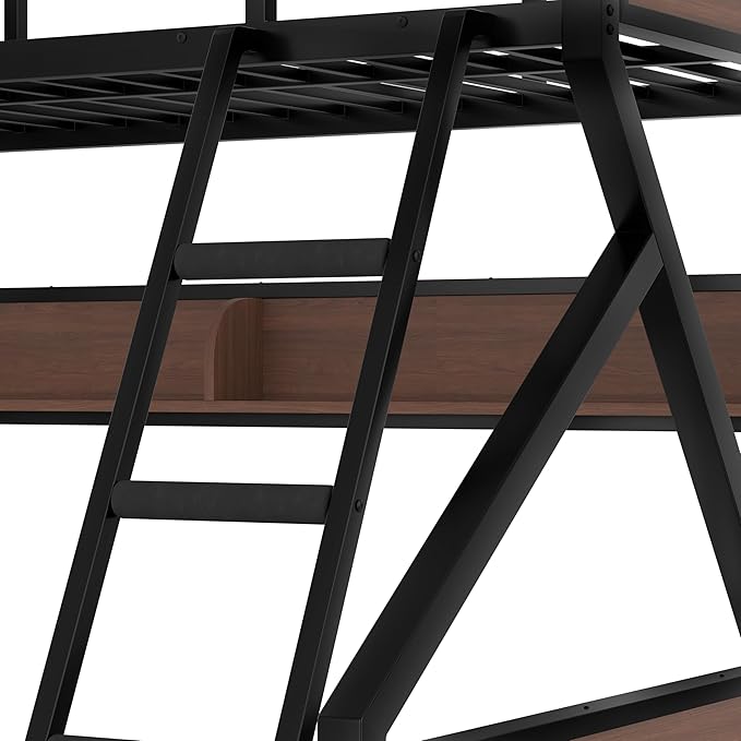 Bellemave Twin XL Over Queen Bunk Bed with Shelves, Metal Bunk Beds with Ladders and Lights, Heavy-Duty Bunkbed for Bedrooms, Guest Rooms and Dorms, No Box Spring Needed and Noise-Free Design, Black