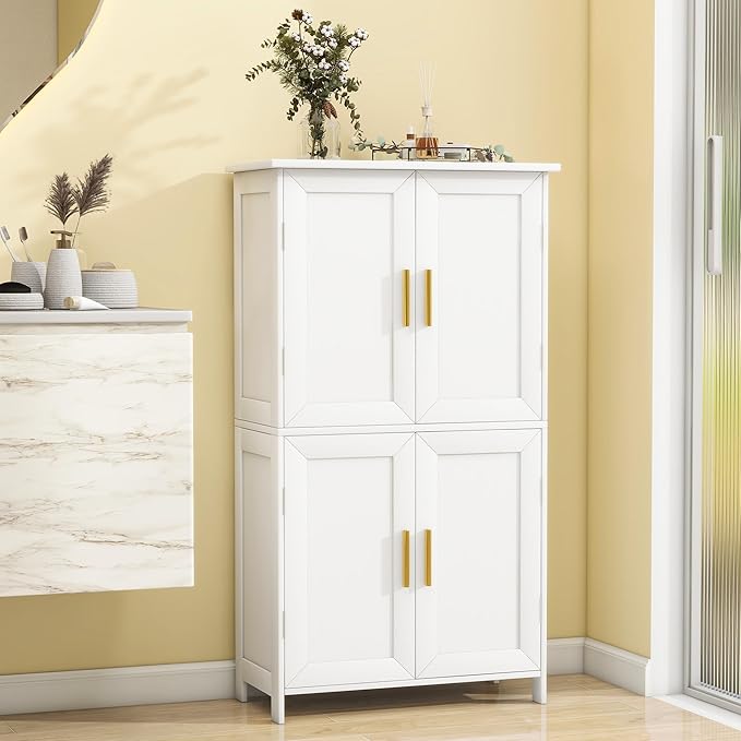 Bathroom Storage Floor Cabinet Freestanding Organizer with Adjustable Shelves for Bathroom Laundry Room,4 Doors