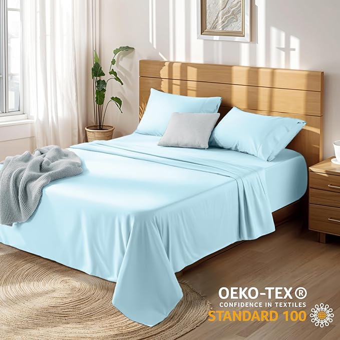 LBRO2M 100% Cotton Sheets Set Deep Pocket 19", 1000 Thread Count King Size 4 Piece Bed Sheet Sets Soft Comfortable Bedding All Season (King, Light Blue) LBRO2MBedding