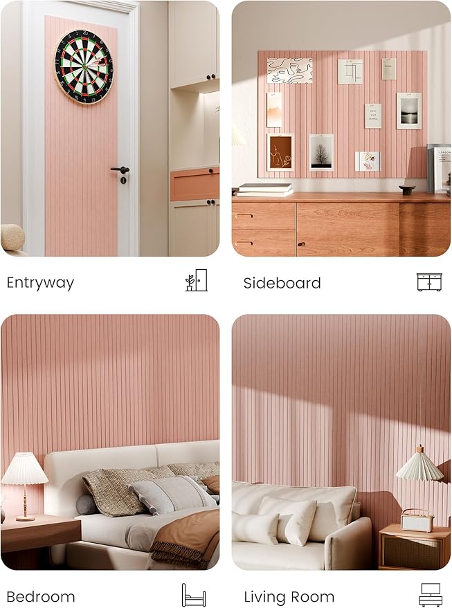 Bumusty Large Cork Board Alternative-47 x35 Felt Bulletin Board Tiles, with 30 Pushpins, 70 Adhesive Tabs, 12-Pack Slat Wall Paneling, Cork Boards for Office Push Pin Board Felt Board-Pink