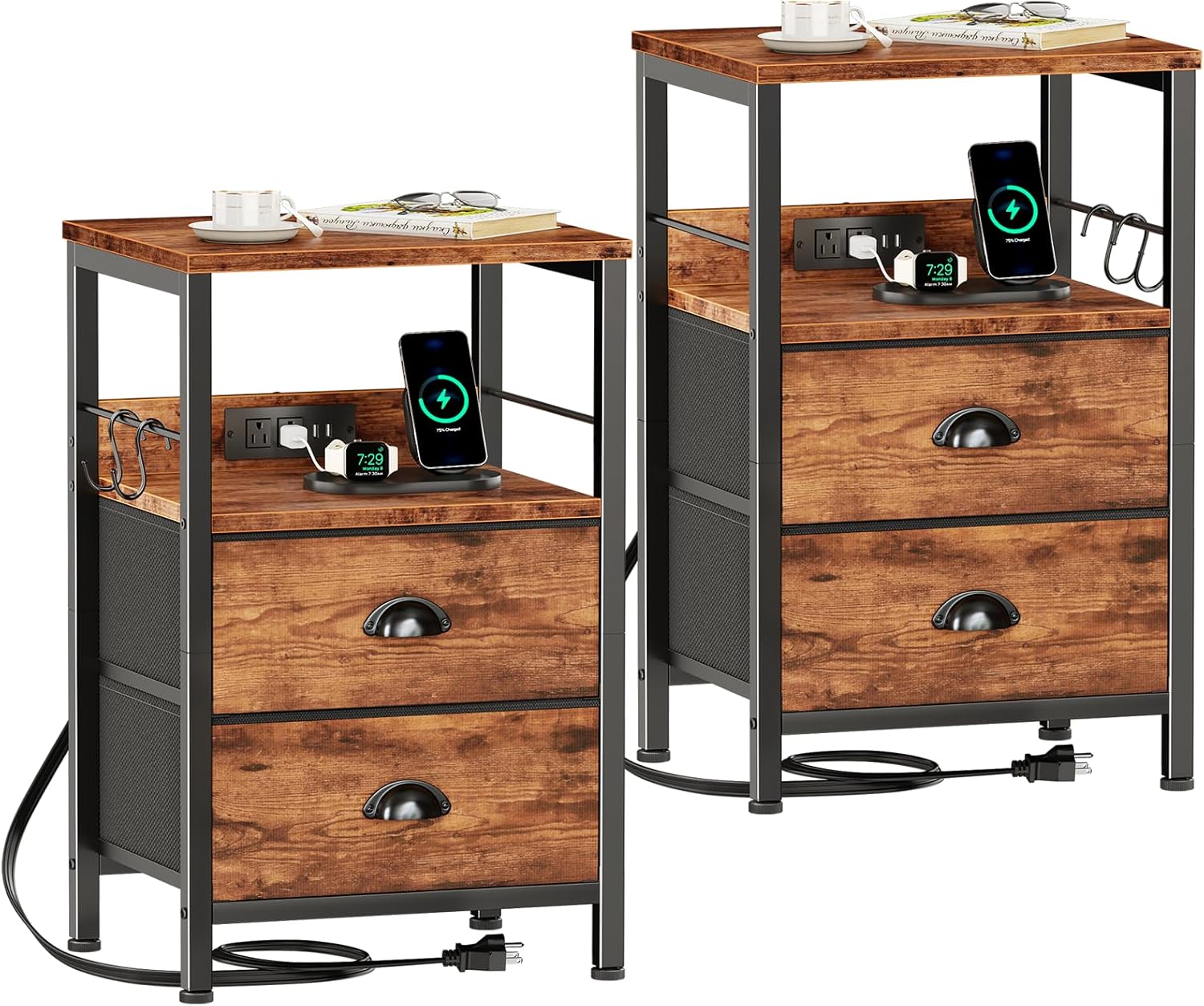 Furologee End Table with Charging Station, Nightstand with Fabric Drawers, Side Tables with USB Ports & Outlets, Night Stand with Storage Shelf & Hooks, for Living Room/Bedroom, White Dormly