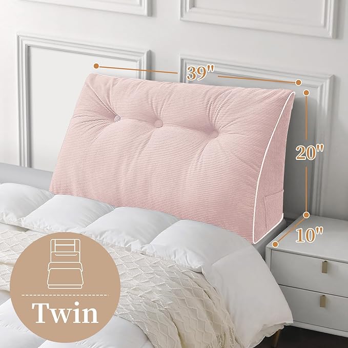 Sasttie Headboard Pillow Twin/Twin XL, Wedge Pillow Headboard for Dorm, Triangular Daybed Backrest Cushion for Sitting or Reading in Bed, with Removable Washable Cover, Light Pink