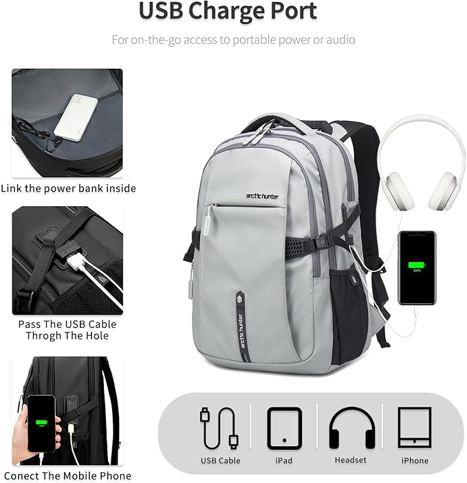 ARCTIC HUNTER AH Travel Carry On 15.6" Laptop Backpack for Men, Large 30L Anti-Theft & Waterproof Backpacks Flight Approved for Business, Commuting, Work, Weekend Casual Daypack, Grey, Silver