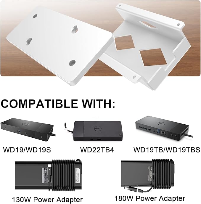 Under Desk Mount for Dell WD19 / WD19S / WD19TBS / WD19TB / WD22TB4 Dock + Power Bricks (for 180W and 130W), Docking Station & Power Bricks Holder, White