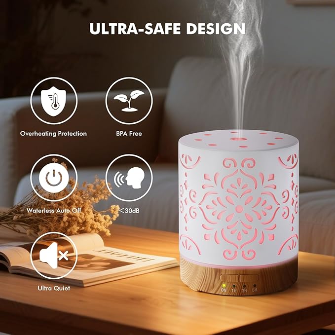 Essential Oil Diffuser for Home - 300ML Metal Aromatherapy Diffuser with Auto Shut-Off Protection & 4 Timers, Ultrasonic Cool Mist Humidifier with 7 Color LED Lights for Large Room, Home Office Décor