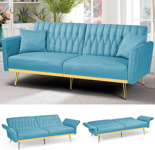70” Velvet Futon Sofa Bed with 2 Pillows and Adjustable Armrests, Convertible Sleeper Bed W/Adjustable Backrests, Modern Loveseat for Living Room, Bedroom, Baby Blue