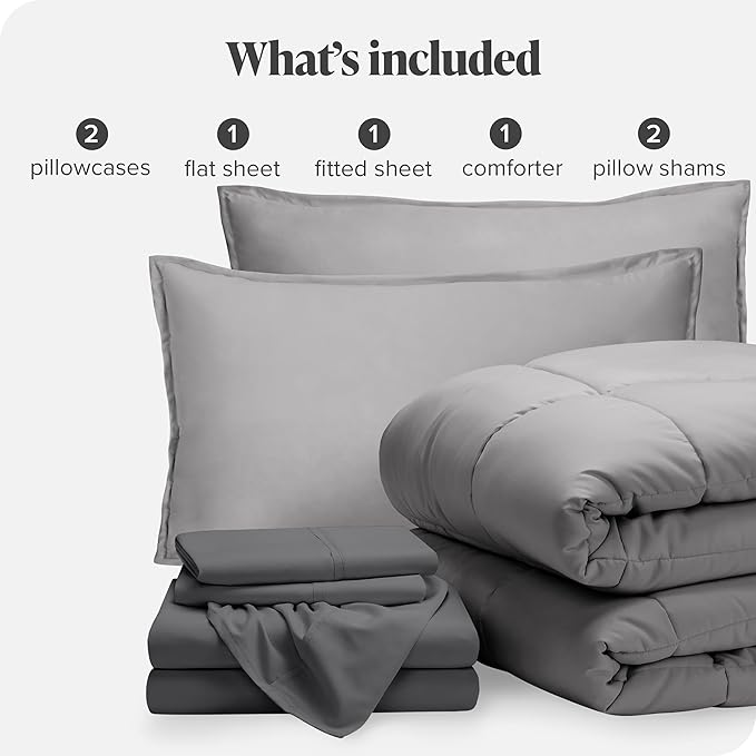 Bare Home Bed-in-A-Bag 7 Piece Comforter & Sheet Set - Full - Goose Down Alternative - Ultra-Soft 1800 Premium Bedding Set (Full, Light Grey/Grey)