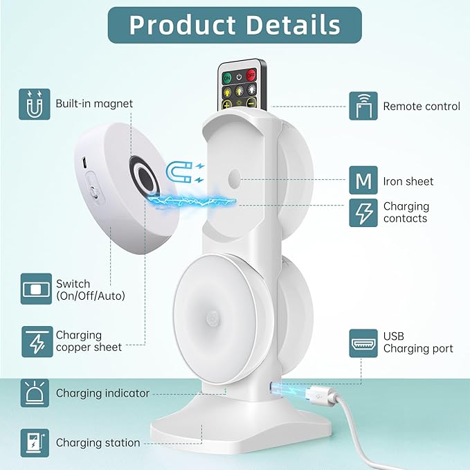 Motion Sensor Puck Step Lights with Charging Station, 3 Colors USB Rechargeable LED Closet Light, Dimmable Under Cabinet Lighting, Stick-on Lights (4 Pack)