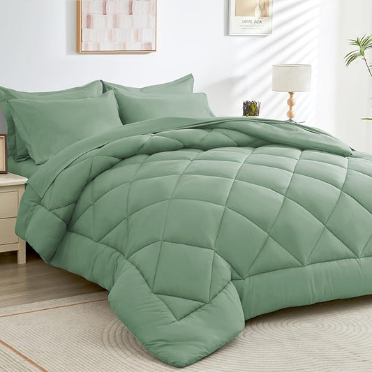 HEVUMYI Light Green Twin Comforter Set - 5-Piece All Season Bed in a Bag Twin, Ultra Soft Bedding Set with Comforter, Flat Sheet, Fitted Sheet, Pillowcases, Pillow Shams