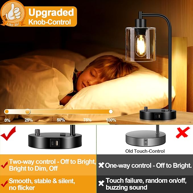 Set of 2 Industrial Table Lamps with USB Port, Fully Stepless Dimmable Bedside Lamps for Bedrooms, Nightstand Desk Lamp with Clear Glass Shade for Reading Living Room Office 2 LED Bulb Included
