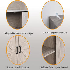 70in Tall Bookshelf 6 Tier Bookcase with Barn Doors and Adjustable Shelf, Oak Grey Farmhouse Book Shelves with Storage Cabinet, Wood Floor Standing Display Bookshelve for Bedroom, Living Room