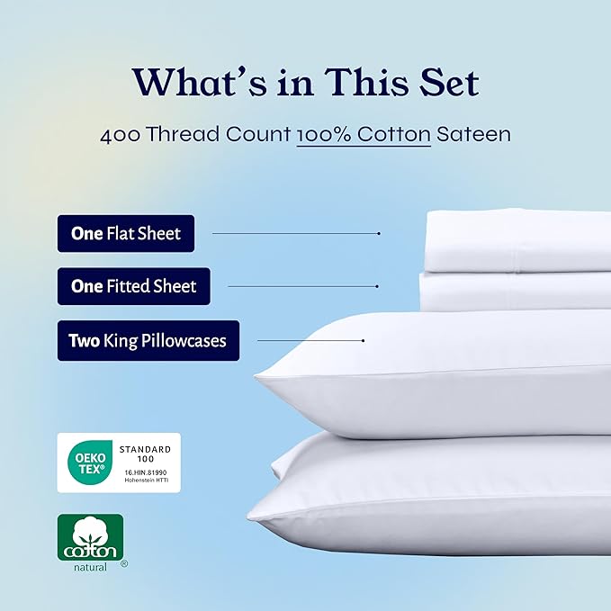California Design Den California King Sheet Sets - Soft 400 Thread Count, Natural 100% Cotton Sateen Sheets, Deep Pockets with All Around Elastic for a Snug Fit, Durable Bedding - White