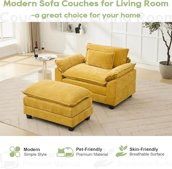 53" Modular Sectional Sofa, Comfy Cloud Couch Sectional Sofa with Ottoman, Chenille Sofa Sleeper Deep Seat Sofa with Throw Pillows for Living Room (Yellow)