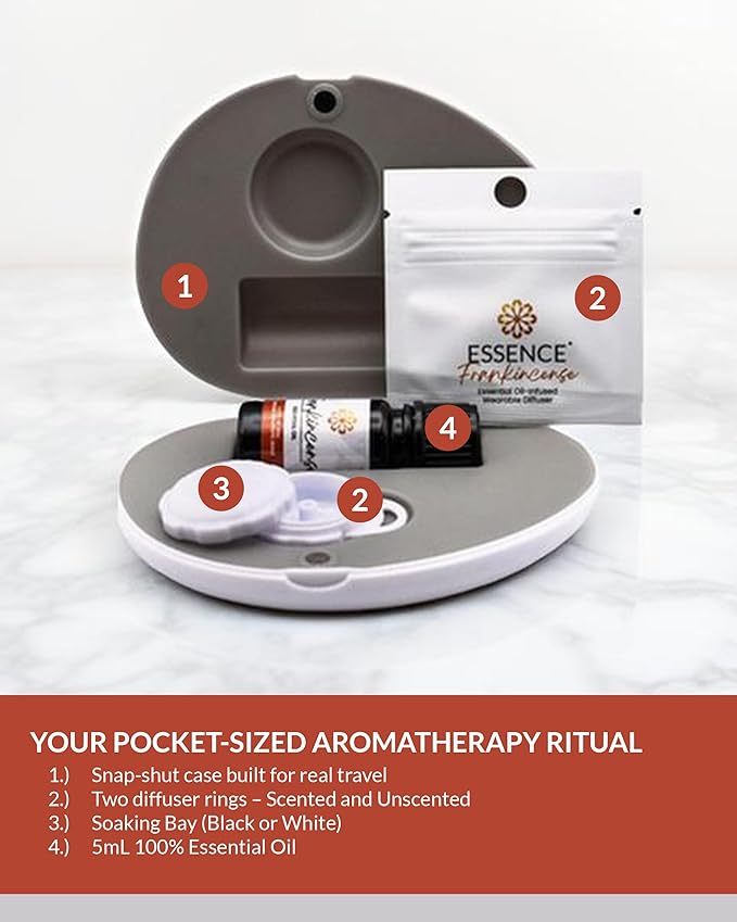 Essence Pearl Travel Case - Wearable Aromatherapy Kit with Nasal Diffuser Rings, Soaking Bay, and 5mL Essential Oil – Portable Wellness Gift Set for On?The?Go Self Care