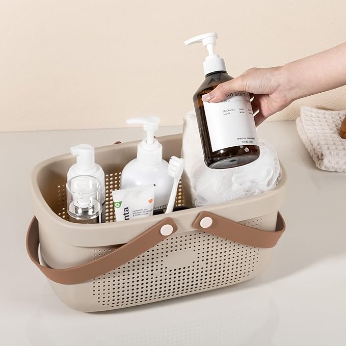 JiatuA Plastic Storage Basket with Handle Portable Shower Caddy Tote Organizer Basket Bin for Bathroom Kitchen Dorm Room Bedroom, Beige
