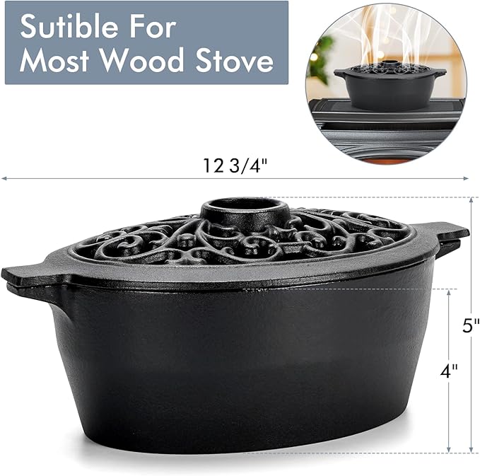 INNO STAGE Wood Stove Steamer, Cast Iron Humidifier for Stove, Home Indoor Decorative, Matte Black Finish, Rust Resistant, Lattice Top, 2.5 Quart Capacity, Patented