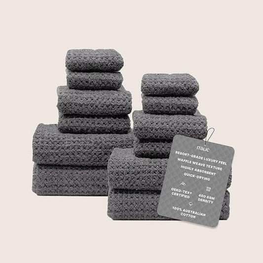 Italic Waffle 12-Piece Family Towel Set – 4 Bath Towels, 4 Hand Towels & 4 Washcloths – Soft, Lightweight, Quick Dry 100% Cotton Waffle Weave for Bathroom & Spa (Charcoal)