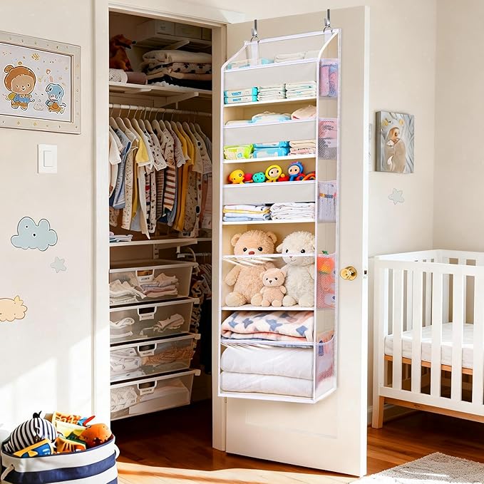 5 Tiers Over Door Organizer with 10 Mesh Side Pockets, 50 lbs Weight Capacity Hanging Storage Organizer with Clear Window Kids Toys, Shoes, Diapers, Beige