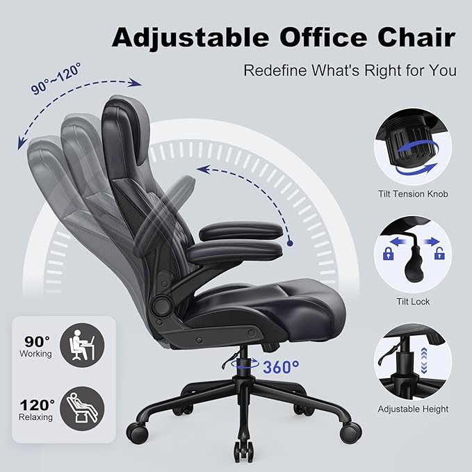Ergonomic Executive Office Chair for Big & Tall - 500lbs Capacity with Lumbar Support & Flip-Up Armrests, Heavy Duty PU Leather Computer Desk Chair, Black