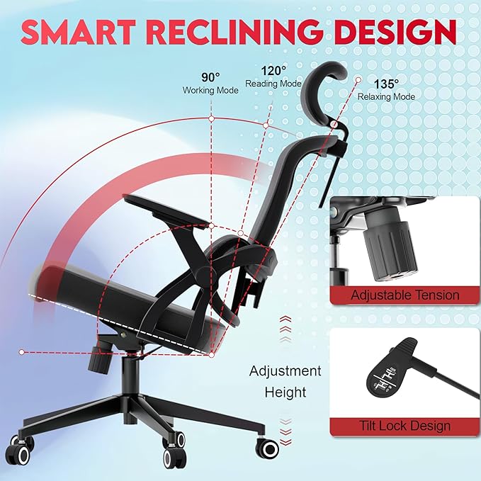 Ergonomic Office Chair - 400LB Comfy Desk Chairs with Adjustable Headrest and Lumbar Back Support, Mesh Computer Chairs with Wheels and Arms for Home Office, Study (218Black-With Headrest)