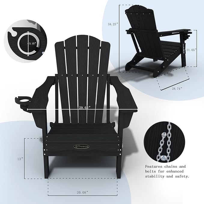 Adirondack Chair Set of 2, Folding All-Weather Outdoor HDPE Patio Chair with Cup Holder, Black