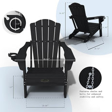 Adirondack Chair Set of 2, Folding All-Weather Outdoor HDPE Patio Chair with Cup Holder, Black