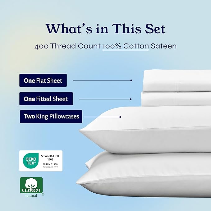 California Design Den King Bed Sheets Set - Soft 400 Thread Count Sateen, 100% Cotton Sheets, Deep Pockets with All Around Elastic for a Snug Fit, Durable Bedding Set - Antique White CaliforniaDesignDen
