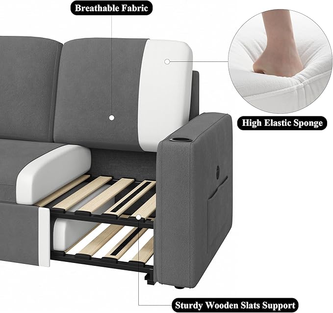 Keyluv 87" Pull Out Sleeper Sofa Bed with Storage Chaise, Reversible 2 in 1 Sectional Sofa Bed with Charging Station and Cup Holder, L-Shaped Sofa Couch for Living Room, Velvet Dark Gray