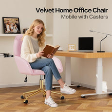 Pink Velvet Desk Chair with Pillow, Upholstered Home Office Desk Chair Makeup Vanity Chair with Swivel Wheels, Ergonomic Office Chair Computer Task Chair for Living Room, Bedroom