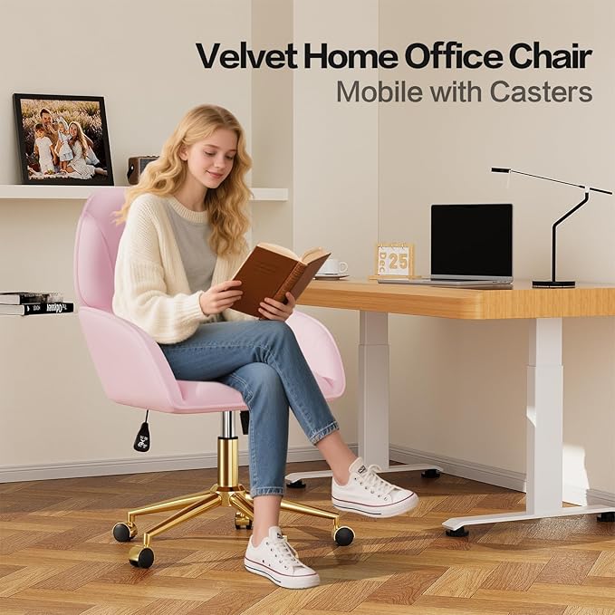 Pink Velvet Desk Chair with Pillow, Upholstered Home Office Desk Chair Makeup Vanity Chair with Swivel Wheels, Ergonomic Office Chair Computer Task Chair for Living Room, Bedroom