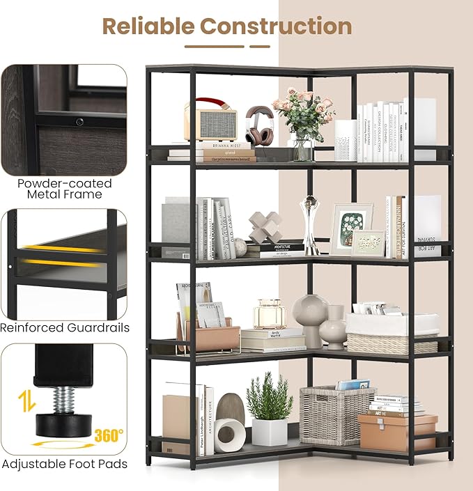 Giantex 5-Tier Corner Bookshelf, 71" L-Shaped Bookcase, Tall Etagere Bookshelf with Metal Frame, Industrial Open Display Shelf, Vertical Storage Rack for Living Room, Study, Office (Oak)