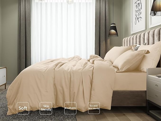 Twin/Twin-XL Duvet Cover Set,100% Egyptian Cotton 2Pcs Bedding Set- 1 Duvet Cover(No Insert) with 1 PillowSham,400 Thread Count Super Soft Cover with Corner Ties(Twin/Twin-XL 68x90 Inches, Beige)