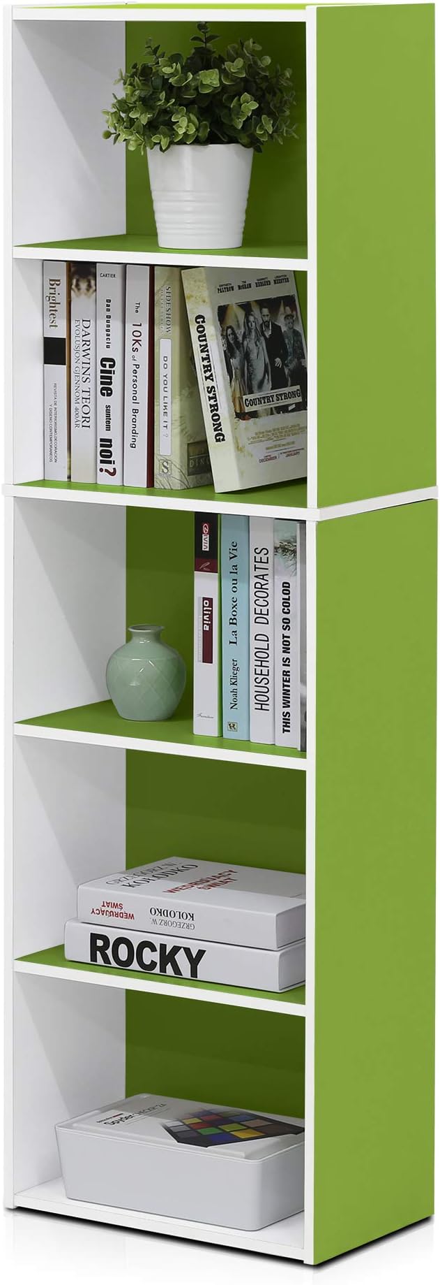 Furinno LUDER Book Shelf, 5-Cube Bookshelf, Bookcase with Open Shelf, 9.4 x 15.8 x 52, for Living Room, Bedroom, Home Office, White/Green
