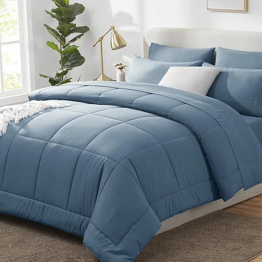 CozyLux California King Comforter Sets Mineral Blue, 7 Pieces Cal King Bed in a Bag, All Season Bedding Sets with Stitch Quilted Comforter, Flat Sheet, Fitted Sheet, Pillowcases