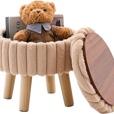 Wimarsbon Storage Ottoman,Soft Faux Fur Footstool with Padded Seat, Small Reading Vanity Chair, Footrest with Wood Tray for Couch, Mini Coffee Table or Display Stand (Beige, Round Storage)