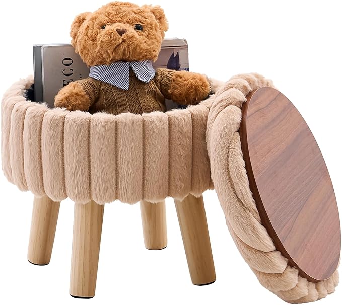 Wimarsbon Storage Ottoman,Soft Faux Fur Footstool with Padded Seat, Small Reading Vanity Chair, Footrest with Wood Tray for Couch, Mini Coffee Table or Display Stand (Beige, Round Storage)