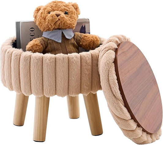 Wimarsbon Storage Ottoman,Soft Faux Fur Footstool with Padded Seat, Small Reading Vanity Chair, Footrest with Wood Tray for Couch, Mini Coffee Table or Display Stand (Beige, Round Storage)